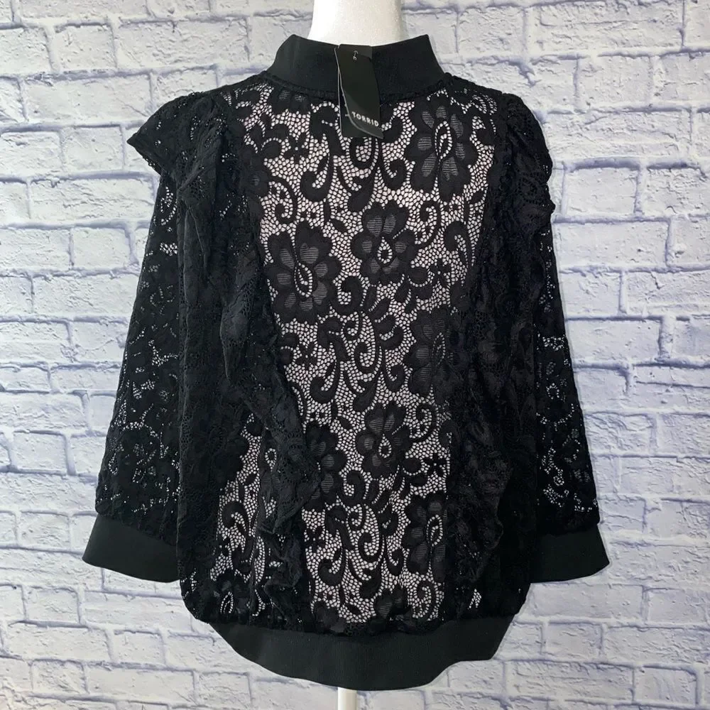 NWT Torrid Black Lace Ruffle Crop Bomber jacket - Picture 6 of 15